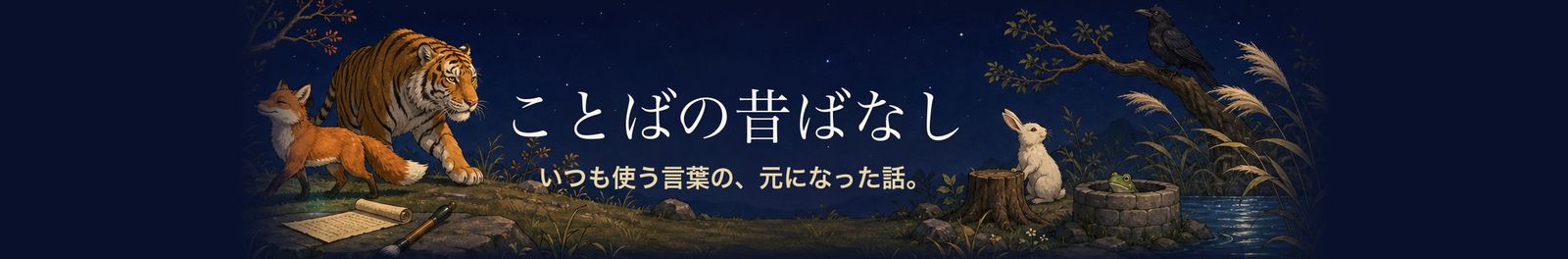 夜空の下に虎と狐、ウサギ、井戸のカエル、カラスが並ぶ絵と「ことばの昔ばなし」の文字